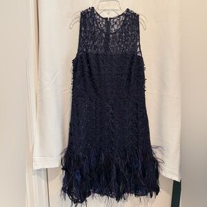 Elie Tahari dark navy  Lace Dress w/ sequenced and feather enhanced skirt -sz 8